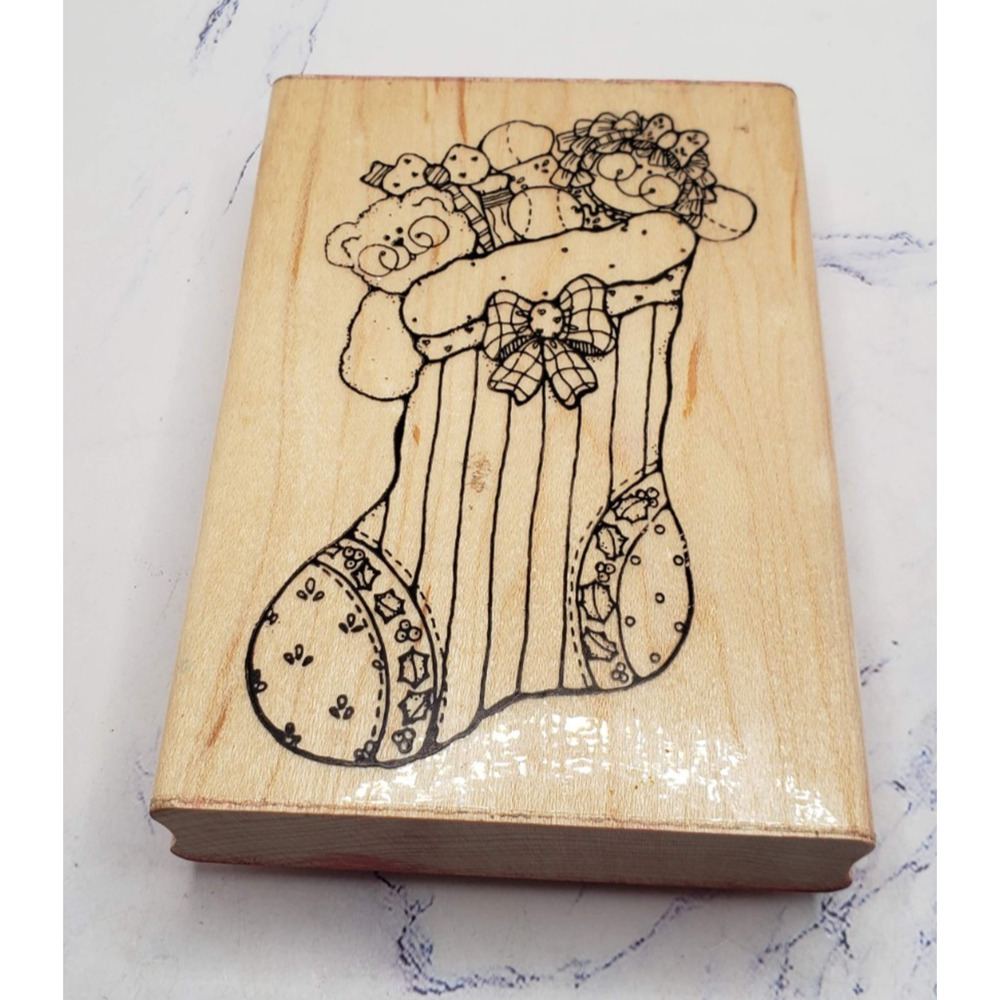 Christmas Stocking Filled With Toys DOTS Wood Mounted Rubber Stamp U132